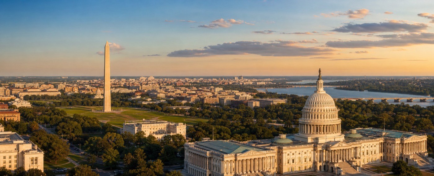 Aerial view of Washington, DC with the Capitol and Washington Monument