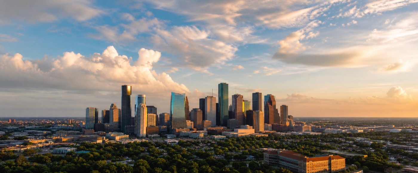 Aerial view of the downtown Houston skyline at golden hour